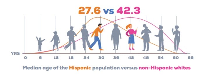 Median age of the Hispanic population = 27.6 years