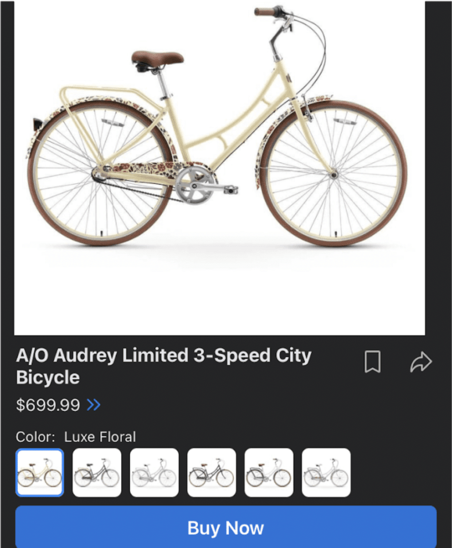 With social commerce, the entire shopping and checkout process occurs on social media, such as this A/O Audrey Limited bicycle with prominent "Buy Now" button.