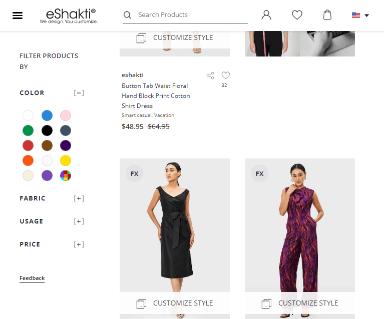 Screenshot of eShakti clothing e-commerce store. Uses a sticky navigation menu that remains visible as user scrolls down.