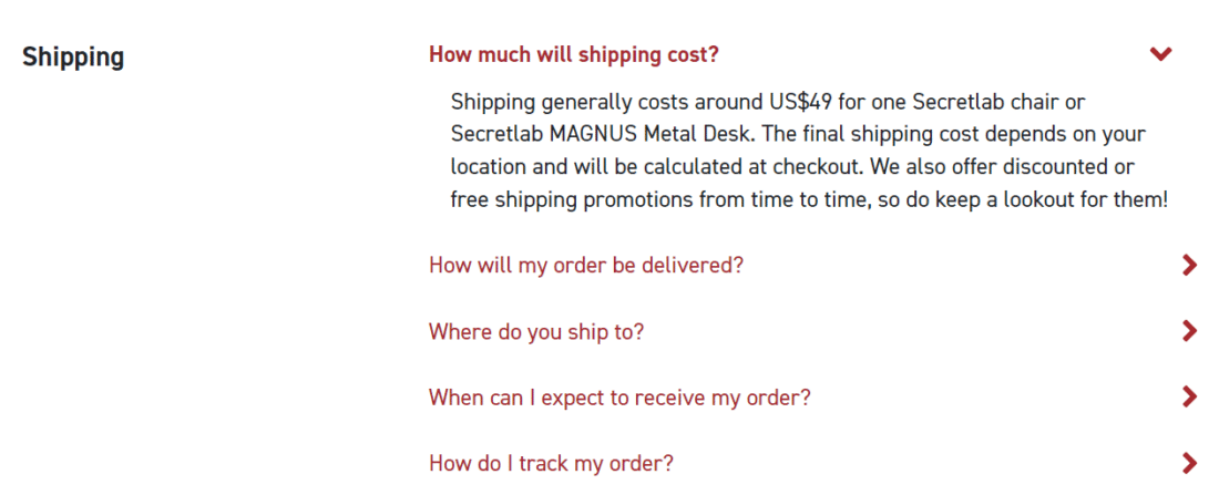 Screenshot of FAQs page highlighting specific questions such as shipping times/costs, payment methods and return policies.