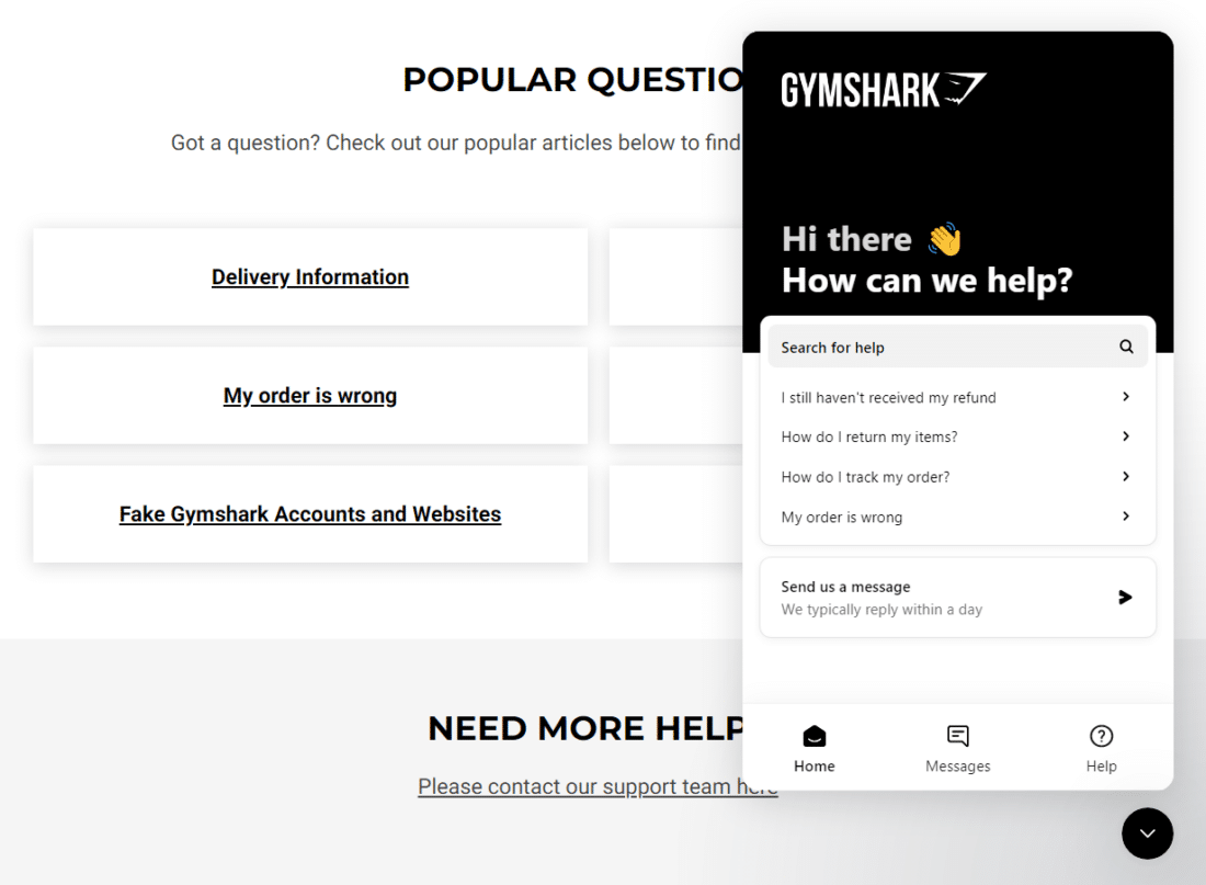 Screenshot of e-commerce site Gymshark's FAQ page, which offers various contact options.