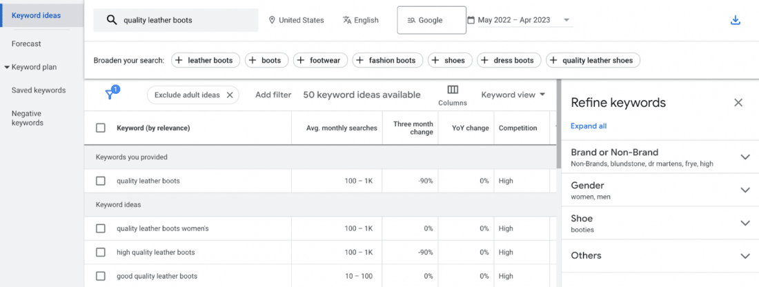 Screenshot of Google's Keyword Planner, which can assist in SEO and relevant keywords.
