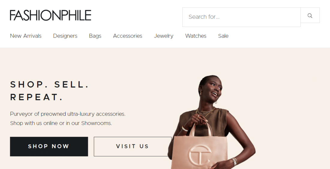 Screenshot of navigation menu for Fashionphile, an e-commerce store for luxury accessories.