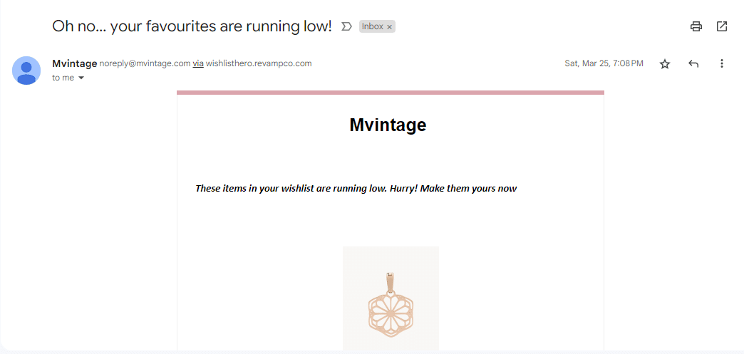 Screenshot of Mvintage, email marketing tool to personalize content such as product interest.