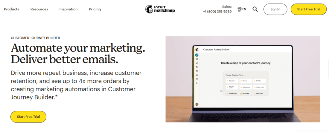 Screenshot of Mailchimp which can help create automated email workflows such as customer journeys.