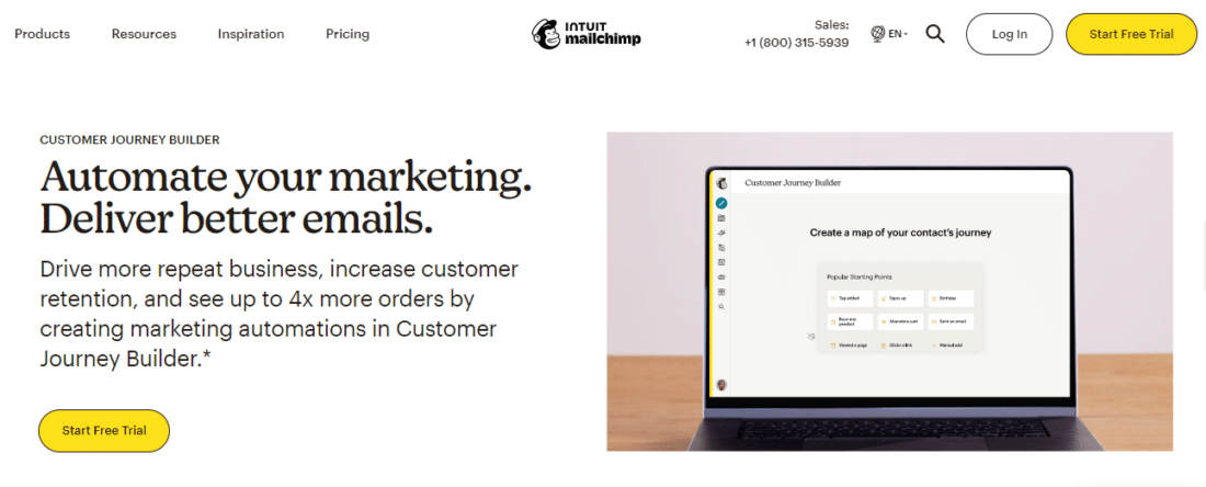 Screenshot of Mailchimp which can help create automated email workflows such as customer journeys. 