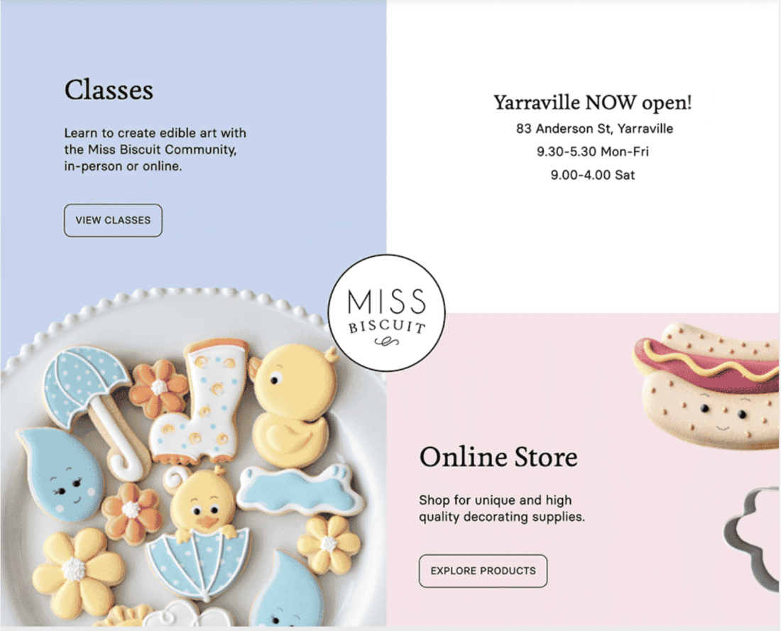 Screenshot of image on newly designed and streamlined website Miss Biscuit. The site was migrated to WP Engine's WooCommerce platform. (Source: WP Engine)