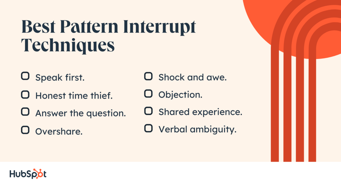 List of best pattern interrupt techniques that can help redirect behaviors and decisions through thoughtful customer engagement. (Source: HubSpot)